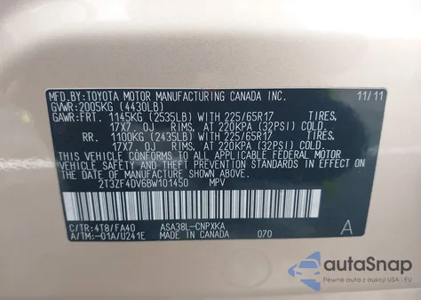 2011 Toyota Rav4 z USA, uszkodzony, nr VIN 2T3ZF4DV6BW101450